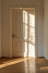 A simple door with minimalist sunlight emanating from the top, giving a sense of warmth and light. The rays are thin and evenly spaced, creating a harmonious effect 