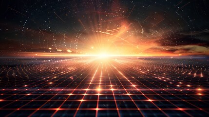 Futuristic AI technology themed thumbnail backdrop for versatile overlaying. The design features a high-resolution digital grid that extends into the horizon, in darker tones.