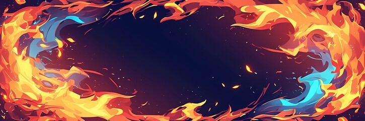 Fototapeta premium Fire cartoon frame on dark background. Burning flame in darkness with bright red and yellow heat. Energy power element, bright and blazing, glare and explosion. Design template with copy space