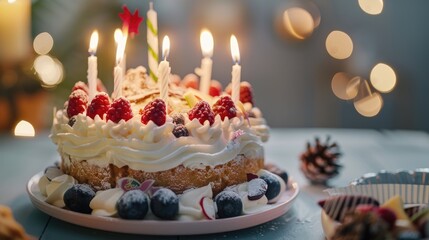 Close up of a tasty cake with lit candles and joyful decorations on a soft blue backdrop