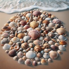 Top view close-up of assorted seashells forming a circle on beach sand. Perfect for textures, backgrounds, and design with a natural and intricate pattern