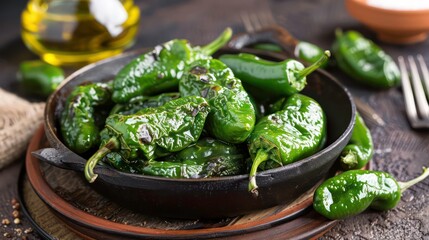 Fresh Padron Peppers Perfect for Grilling or Frying in Olive Oil a Traditional Galician Snack. Generative AI