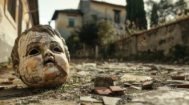 A shattered doll head rests on the ground in a quiet suburb at the edge of a vibrant Mediterranean metropolis