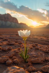 Obraz premium A flower opening in a desert at dawn, with a backdrop of distant mountains 