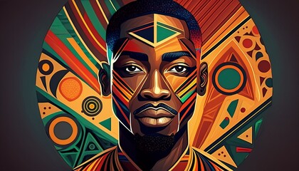Black History Month abstract portrait of a Black man, graphic shapes, Pan-African colors