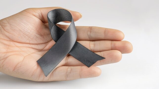Boosting awareness for brain cancer is symbolized by a grey ribbon adorning a helping hand isolated with a clipping path signifying support for conditions like allergies Alpha 1 Antitrypsin 