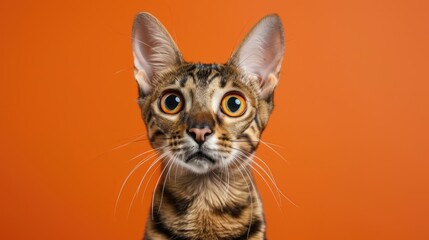 Brown Bengal cat making funny face while looking at camera on an orange background