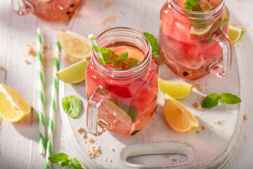 Homemade and fresh lemonade as a cold chilled drink.