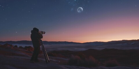 Shot of solo observer with a telescope lens focused on a celestial event in the desert at dusk