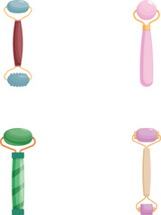 Collection of four colorful cartoon makeup brushes with different bristle and handle designs