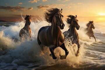 Majestic horses gallop through the water at sunset, their manes flowing in the wind.