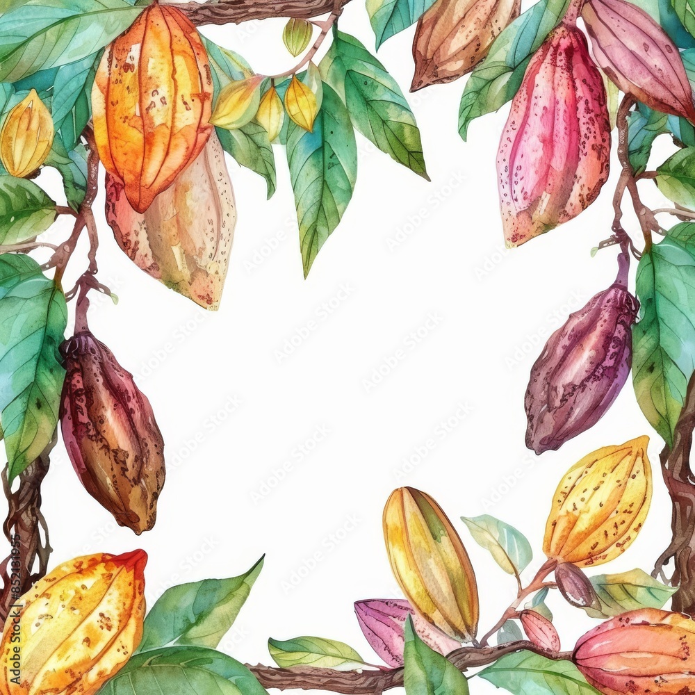 Wall mural A beautiful hand painted watercolor cocoa fruit and leaf frame. A stock illustration. - Wall murals