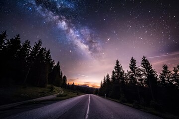 Fototapeta premium A dirt road under a vivid night sky filled with stars and the Milky Way, stretching into the distance