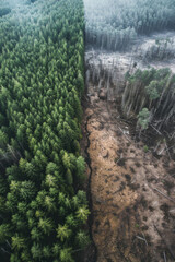 Fototapeta premium A dense, healthy forest on one side and a clear-cut barren land on the other.