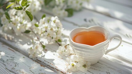 Still life composition featuring heart shaped ceramic cup with tea on white wooden table adorned with small white flowers