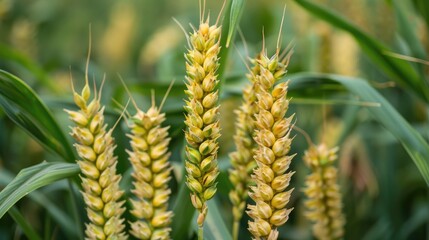 Close up view of wheat spikes on stems