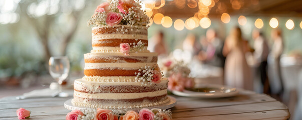 A beautiful three-tiered wedding cake with pink flowers, placed on an elegant table in front of the blurred background of guests dancing at a festive reception event or party. 