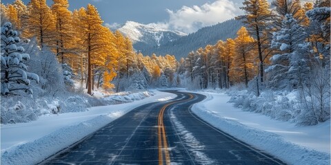 Obraz premium Nature landscape background snowy road in the forest. A snowy road winding through a winter landscape with frosty trees under a clear blue sky