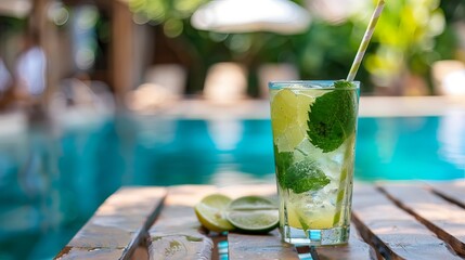 A refreshing Mohito cocktail served on a wooden table with an eco-friendly paper straw, enjoyed at an all-inclusive hotel near the swimming pool. 