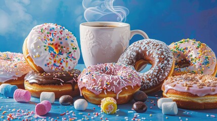 Celebrate National Donut Day with a delightful array of chocolate marshmallow and sugar sprinkle donuts paired with a steaming cup of coffee set against a vibrant blue backdrop This colorful