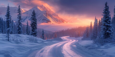 Nature landscape background snowy road in the forest. A snowy road winding through a winter landscape with frosty trees under a clear blue sky