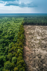 Obraz premium A dense, healthy forest on one side and a clear-cut barren land on the other.