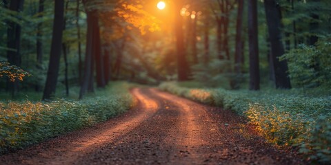 A mystical forest path illuminated by the golden rays of dawn, creating a serene and enchanting atmosphere.