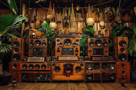 A wall of vintage stereo speakers in a shop, some with wood cabinets and some with metal grilles. The shop is decorated with hanging plants and other retro decor