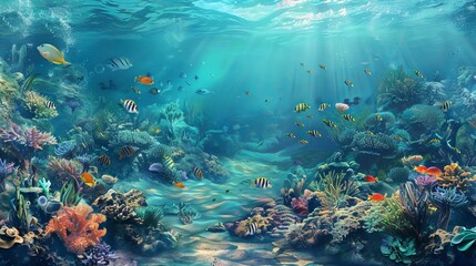 Naklejka premium An underwater scene in a tropical sea, showcasing fishes swimming around coral reefs. This marine panorama captures the vibrant wildlife of the oceanarium, ideal for snorkeling and diving enthusiasts.