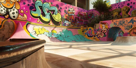 vibrant skate park with graffiti covered cement and obstacles - empty with no people 