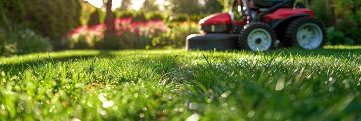 freshly mowed lawn with healthy green grass and red riding lawnmower 