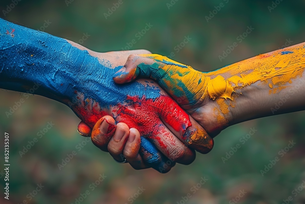 Wall mural two hands painted in blue, red, yellow, and green shake hands, set against a blurred green backgroun