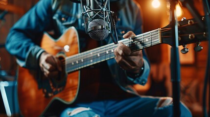 Fototapeta premium Acoustic Guitarist Recording in Studio