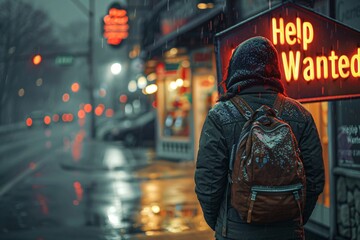 Obraz premium Person in Hoodie Looking at Help Wanted Sign