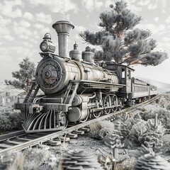 Naklejka premium An old train locomotive standing beside a pine tree, evoking a railway concept with vintage toning. This design is rendered in 3D for wallpaper black white style 