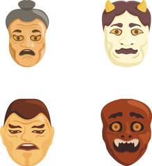 Collection of four stylized japanese noh masks representing different characters and emotions