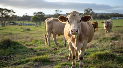 Fototapeta premium Dairy Cows in a field on a farm in Australia Beautiful cow close up on agriculture farming : Generative AI