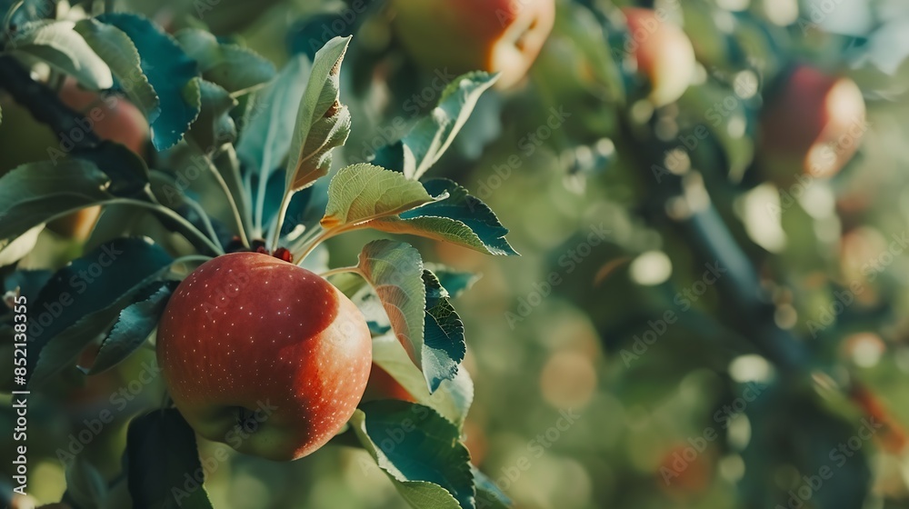 Wall mural ripe apples in orchard ready for harvesting apple farming harvest seasonal ripe red apple leaf red a