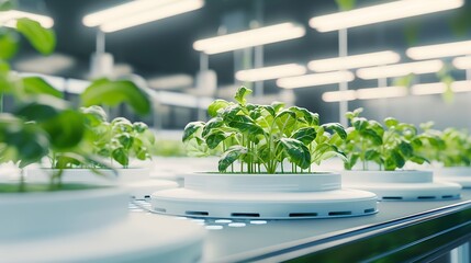 Hydroponic farming setup with rows of leafy green plants in white containers : Generative AI