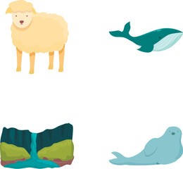 Delightful set of four cute animal and nature illustrations including a sheep, whale, waterfall, and seal