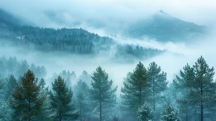A misty pine forest from above, covered in a light layer of frost, creating a winter wonderland effect
