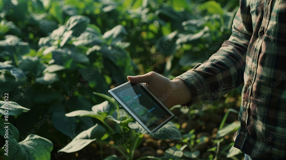 Poster farmer or agronomist uses digital tablet to analyse and check the growth and disease of the blooming