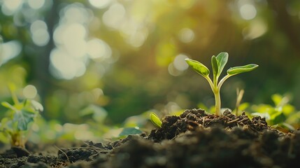 Agriculture eco friendly farming concept Process of growing plant Green small sprout growing out of the soil spring organic farming and gardening : Generative AI