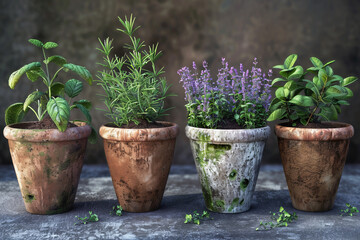 Homemade and aromatic herbs in old clay pots. A set of potted plants
