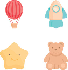 Vector illustration of colorful cartoon toys, hot air balloon, rocket, star, and teddy bear