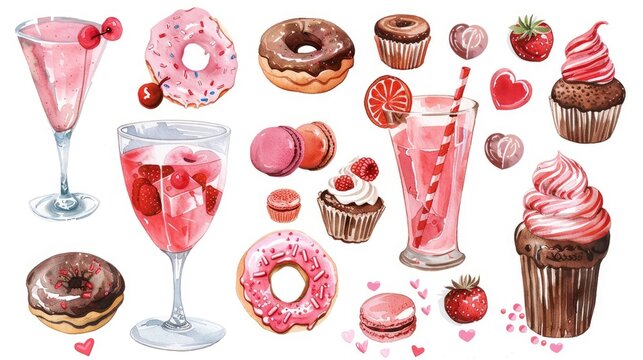 An enchanting Valentine s Day watercolor set featuring a delightful assortment of donuts candies cupcakes drink glasses and macaroons stands out against a pristine white backdrop perfect fo