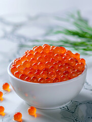 Red salmon caviar in a white bowl on a marble background close up vertical
