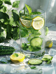 Fototapeta premium Refreshing lemon water with mint and cucumber in a transparent jug with ice cubes and ingredients next to it, close up vertical 