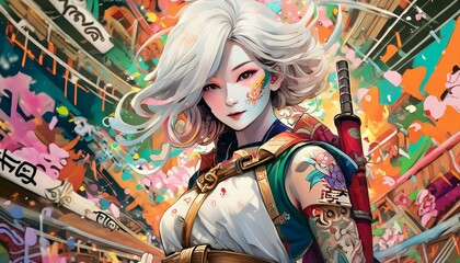 A pop art painting shows a Japanese samurai fighter with cartoon tattoos on his body and face, surrounded by street art tags in orange, dark green and pink.