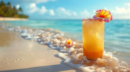Refreshing orange drink with a flower garnish on the sandy beach, with turquoise water and waves in the background.